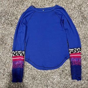 Free People Womens Top Size XL In the Mix Blue Super Nova Thermal Knit Cuff